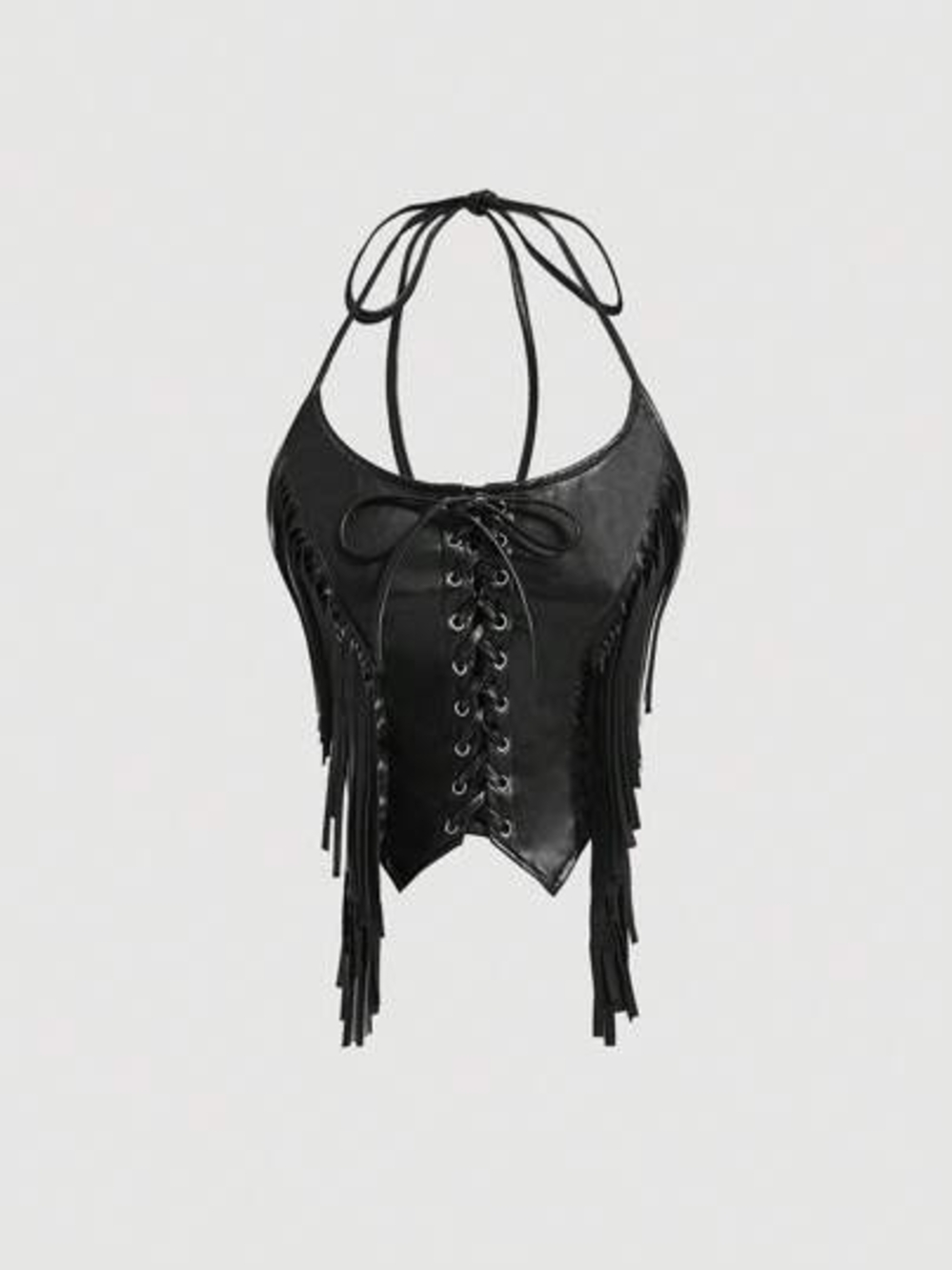 SHEIN Black Faux Leather Fringe Lace-Up Crop Top